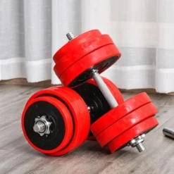 Soozier 66lbs Two-In-One Dumbbell & Barbell Adjustable Set Strength Muscle Exercise Fitness Plate Bar Clamp Rod Home Gym - Red